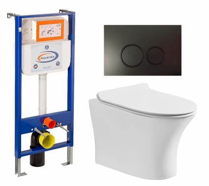 Комплект 3 в 1 инсталляция Enio Aquanika + Подвесной безободковый унитаз CeruttiSpa Bernina aria CT7191 + кнопка черная матовая круглая