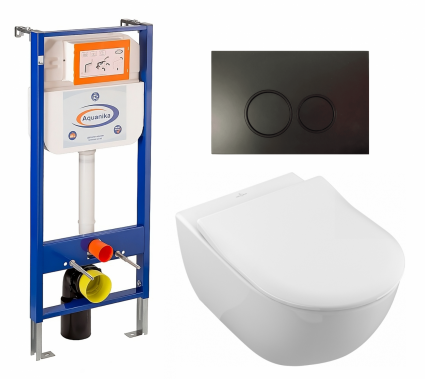 Комплект 3 в 1 инсталляция Enio Aquanika + Унитаз подвесной Villeroy & Boch Subway 2.0 5614R201 + кнопка черная матовая круглая