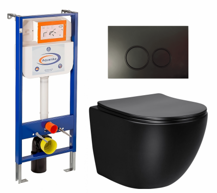 Комплект 3 в 1 инсталляция Enio Aquanika + Унитаз Vincea Globo VT1-14SMB + кнопка черная матовая круглая