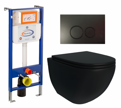 Комплект 3 в 1 инсталляция Enio Aquanika + Унитаз подвесной Enio Unico BL EN4105055 + кнопка черная матовая круглая