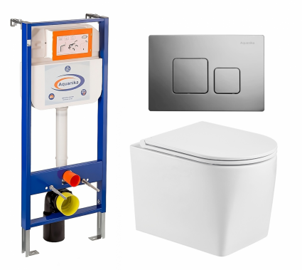 Комплект 3 в 1 инсталляция Enio Aquanika + Унитаз подвесной WeltWasser Nesenbach 004 GL-WT + кнопка хром квадратная