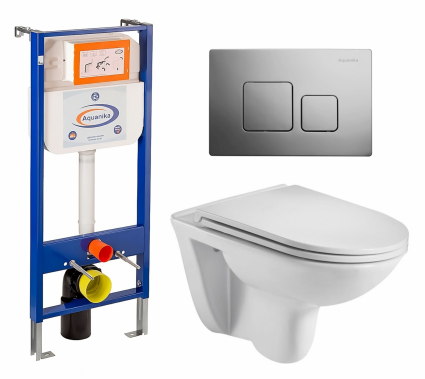 Комплект 3 в 1 инсталляция Enio Aquanika + Подвесной унитаз WeltWasser Baarbach 004 GL-WT + кнопка хром квадратная
