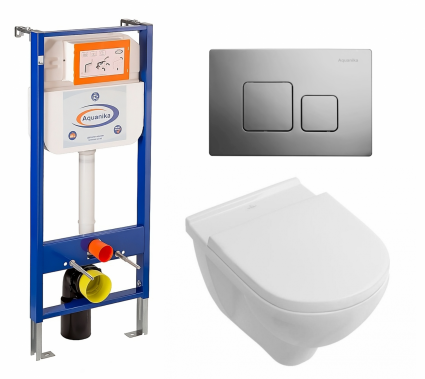 Комплект 3 в 1 инсталляция Enio Aquanika + Унитаз подвесной Villeroy & Boch O Novo + кнопка хром квадратная