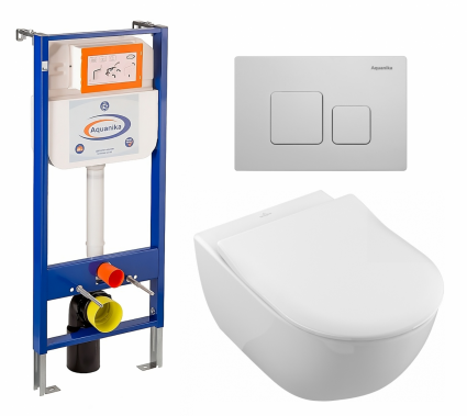 Комплект 3 в 1 инсталляция Enio Aquanika + Унитаз подвесной Villeroy & Boch Subway 2.0 5614R201 + кнопка белая квадратная