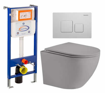 Комплект 3 в 1 инсталляция Enio Aquanika + Унитаз подвесной Weltwasser WW Merzbach 043 MT-GR + кнопка белая квадратная