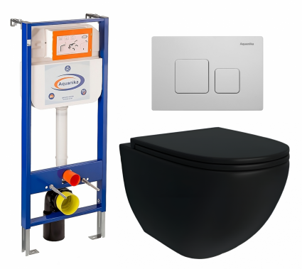 Комплект 3 в 1 инсталляция Enio Aquanika + Унитаз подвесной Enio Unico BL EN4105055 + кнопка белая квадратная