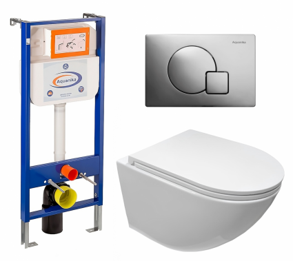 Комплект 3 в 1 инсталляция Enio Aquanika + Подвесной безободковый унитаз CeruttiSpa Sella aria CT7183 + кнопка хром