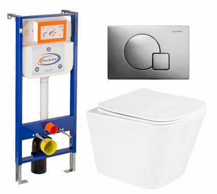 Комплект 3 в 1 инсталляция Enio Aquanika + Унитаз подвесной BelBagno Due BB3103CHR/SC + кнопка хром