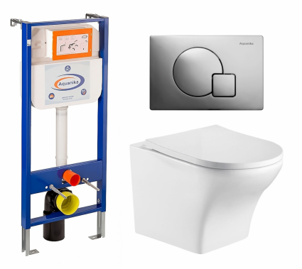 Комплект 3 в 1 инсталляция Enio Aquanika + Подвесной унитаз WeltWasser Odenbach 004 GL-WT + кнопка хром
