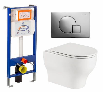 Комплект 3 в 1 инсталляция Enio Aquanika + Подвесной унитаз WeltWasser Erlenbach 004 GL-WT + кнопка хром