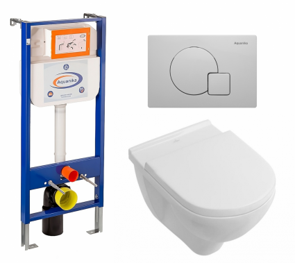 Комплект 3 в 1 инсталляция Enio Aquanika + Унитаз подвесной Villeroy & Boch O Novo + кнопка белая