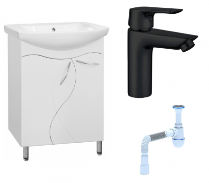 Комплект: Тумба с раковиной Style Line Амелия 65 + Смеситель Aquanet Static AF330-10B + Сифон АниПласт