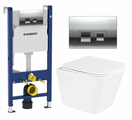 Комплект 3 в 1 инсталляция Geberit Duofix + Унитаз подвесной BelBagno Due BB3103CHR/SC + кнопка хром