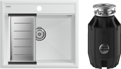 Комплект Мойка кухонная Paulmark Stepia PM115951-WH+A375-BS с коландером, белая + Измельчитель Bone Crusher BC 910-AS