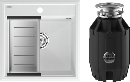 Комплект Мойка кухонная Paulmark Stepia PM115051-WH+A375-BS с коландером, белая + Измельчитель Bone Crusher BC 910-AS