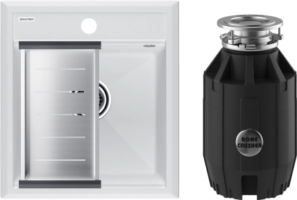 Комплект Мойка кухонная Paulmark Stepia PM114651-WH+A375-BS с коландером, белая + Измельчитель Bone Crusher BC 910-AS