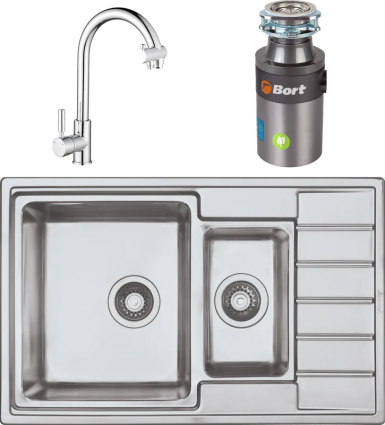 Комплект Мойка кухонная Seaman Eco Roma SMR-7850B без отверстий + Смеситель Barcelone SSL-5226 water polish + Измельчитель Bort Titan 4000 Plus