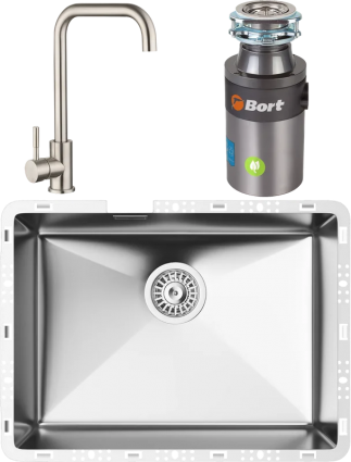 Комплект Мойка кухонная TopZero TZ RS 550 нержавеющая сталь + Смеситель WIX 206 INOX нержавеющая сталь + Измельчитель Bort Titan 4000 Plus