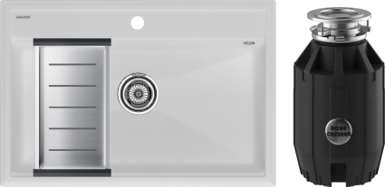 Комплект Мойка кухонная Paulmark Stepia PM117551-WH+A375-BS с коландером, белая + Измельчитель Bone Crusher BC 910-AS