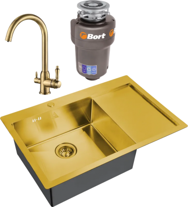 Комплект Мойка кухонная Steel Hammer SH 7851-L BRONZE бронза + Смеситель SH 723 BRONZE + Измельчитель Bort Titan 5000