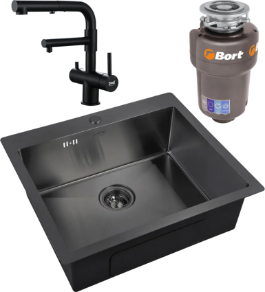 Комплект Мойка кухонная Zorg Inox PVD 5951 grafit + Смеситель Sanitary SZR-3216 Grafit графит + Измельчитель Bort Titan Max Power
