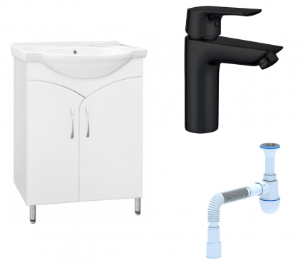 Комплект: Тумба с раковиной Style Line Эко Стандарт №15 60 + Смеситель Aquanet Static AF330-10B + Сифон АниПласт