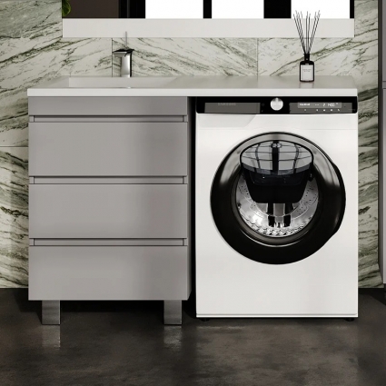 Тумба с раковиной Style Line Даллас Леон 120 L Люкс Plus напольная, серая, для стиральной машины, 3 ящика