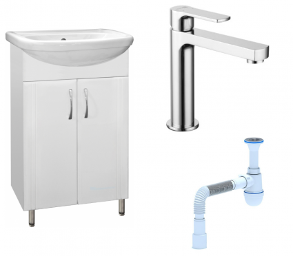 Комплект: Тумба с раковиной Style Line Эко Стандарт №9 55 + Смеситель Lemark plus Grace LM1537C + Сифон АниПласт