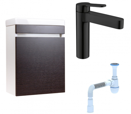Комплект: Тумба с раковиной Style Line Compact 40 Люкс + Смеситель BelBagno Delta DEL-LVM-NERO + Сифон АниПласт