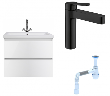 Комплект: Тумба с раковиной Style Line Даймонд 60 Люкс Plus + Смеситель BelBagno Delta DEL-LVM-NERO + Сифон АниПласт