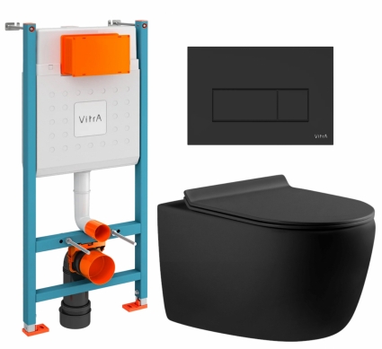 Комплект 3 в 1 инсталляция VitrA V-Fix Core + Унитаз подвесной Aquanet Cetus-BW 287008 + кнопка черная матовая