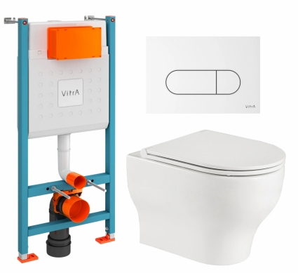 Комплект 3 в 1 инсталляция VitrA V-Fix Core + Подвесной унитаз WeltWasser Erlenbach 004 GL-WT + кнопка белая глянцевая
