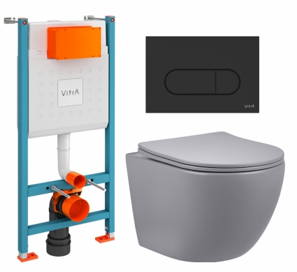 Комплект 3 в 1 инсталляция VitrA V-Fix Core + Унитаз подвесной Vincea Globo VT1-14SMG + кнопка черная матовая