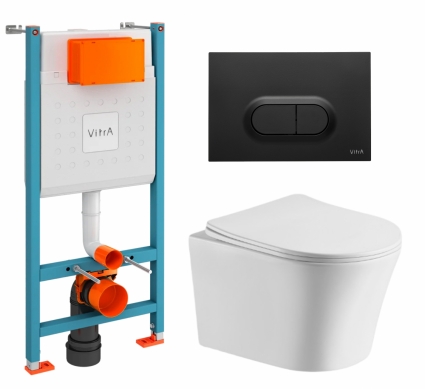 Комплект 3 в 1 инсталляция VitrA V-Fix Core + Подвесной унитаз CeruttiSpa Adige Aria CT7837 + кнопка черная матовая