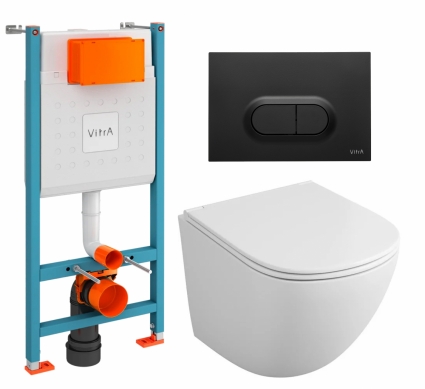 Комплект 3 в 1 инсталляция VitrA V-Fix Core + Унитаз подвесной Owl 1975 Cirkel-H OWLT190302 + кнопка черная матовая