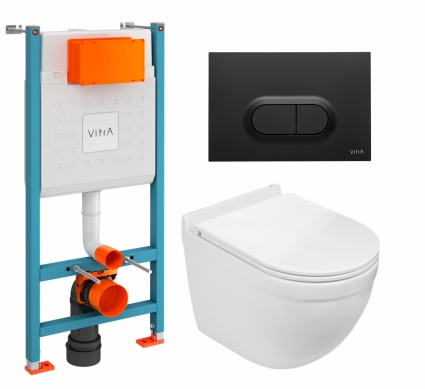Комплект 3 в 1 инсталляция VitrA V-Fix Core + Подвесной унитаз WeltWasser Heimbach 043 GL-WT + кнопка черная матовая