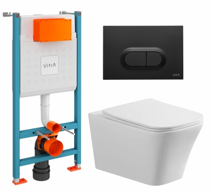 Комплект 3 в 1 инсталляция VitrA V-Fix Core + Унитаз подвесной Vincea Cool VT1-210 + кнопка черная матовая