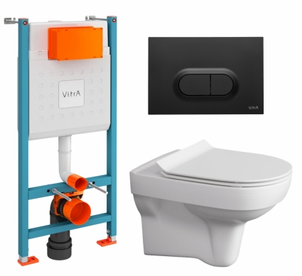 Комплект 3 в 1 инсталляция VitrA V-Fix Core + Унитаз подвесной Cersanit City + кнопка черная матовая