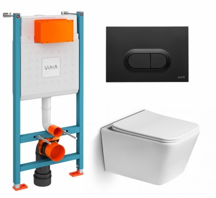 Комплект 3 в 1 инсталляция VitrA V-Fix Core + Унитаз подвесной SantiLine SL-5007 + кнопка черная матовая