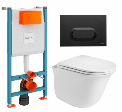 Комплект 3 в 1 инсталляция VitrA V-Fix Core + Подвесной унитаз WeltWasser Telbach 004 GL-WT + кнопка черная матовая