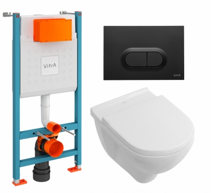 Комплект 3 в 1 инсталляция VitrA V-Fix Core + Унитаз подвесной Villeroy & Boch O Novo + кнопка черная матовая