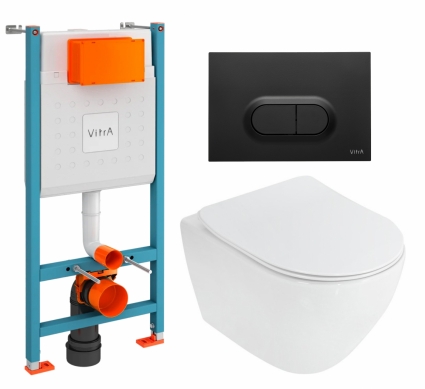 Комплект 3 в 1 инсталляция VitrA V-Fix Core + Унитаз подвесной Cezares Stylus CZR-513-TH-R + кнопка черная матовая