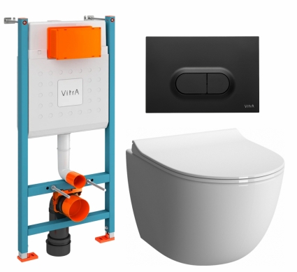 Комплект 3 в 1 инсталляция VitrA V-Fix Core + Унитаз подвесной VitrA Sento 7748В003-0075 + кнопка черная матовая
