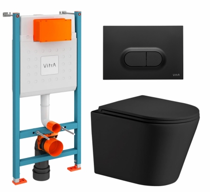 Комплект 3 в 1 инсталляция VitrA V-Fix Core + Подвесной унитаз WeltWasser Salzbach 043 MT-BL + кнопка черная матовая