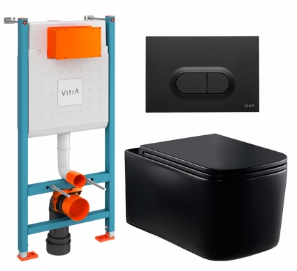 Комплект 3 в 1 инсталляция VitrA V-Fix Core + Унитаз Vincea Ultra Rimless VT1-32MB + кнопка черная матовая