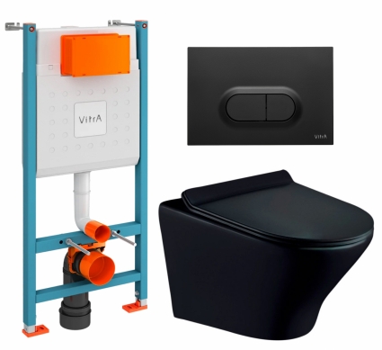 Комплект 3 в 1 инсталляция VitrA V-Fix Core + Унитаз подвесной Esbano Aster ESUPASTEBM + кнопка черная матовая