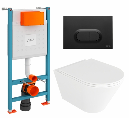 Комплект 3 в 1 инсталляция VitrA V-Fix Core + Унитаз подвесной Enio Cento EN4280110 + кнопка черная матовая