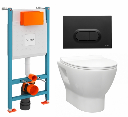 Комплект 3 в 1 инсталляция VitrA V-Fix Core + Унитаз подвесной Enio Nativo EN1270551 + кнопка черная матовая