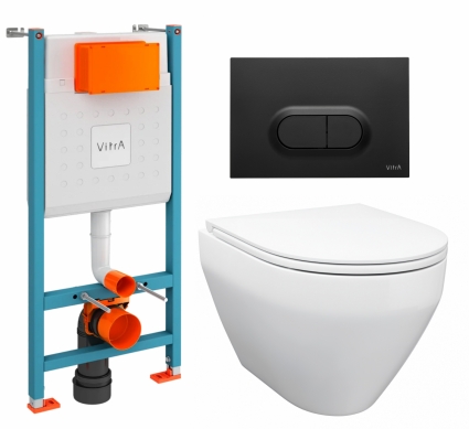 Комплект 3 в 1 инсталляция VitrA V-Fix Core + Унитаз подвесной Enio Cono EN2870522 + кнопка черная матовая