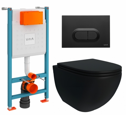 Комплект 3 в 1 инсталляция VitrA V-Fix Core + Унитаз подвесной Enio Unico BL EN4105055 + кнопка черная матовая
